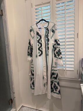 White Midi Dress with Green Geometric Embroidery